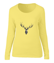 Women T-shirt -  organic cotton - long sleeved - round neck - yellow - geel - printdesign - drawing - JanaRoos - reindeer - deer - rendier - hert