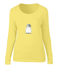 Women T-shirt -  organic cotton - long sleeved - round neck -yellow - geel- printdesign - drawing - JanaRoos - penguin - pinguïn