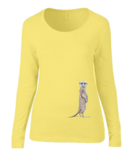 Women T-shirt -  organic cotton - long sleeved - round neck - yellow - geel - printdesign - drawing - JanaRoos - meerkat - stokstaartje