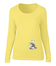Women T-shirt -  organic cotton - long sleeved - round neck - yellow - geel - printdesign - drawing - JanaRoos -Panda bear - beer