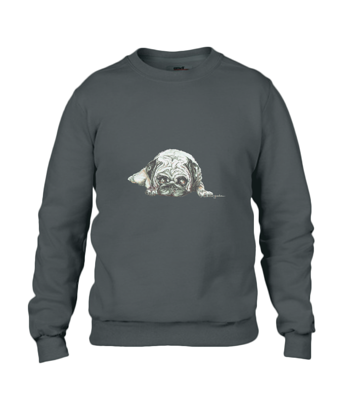 JanaRoos - T-shirts and Sweaters - Sweater - Packshot - Hand drawn illustration - Round neck - Long sleeves - Cotton - Black - Zwart - Pugg - Mops - dog - Hond