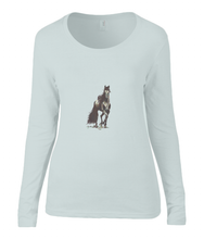 Women T-shirt -  organic cotton - long sleeved - round neck - silver grey - zilver grijs - printdesign - drawing - JanaRoos - horse - black merrie - paard