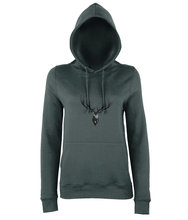 JanaRoos - women's Hoodie - Packshot - Hand drawn illustration - Round neck - Long sleeves - Cotton -charcoal grey- Deer black ink