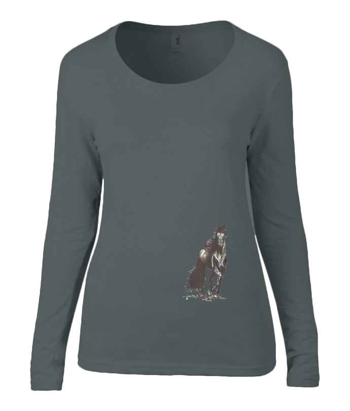 Women T-shirt -  organic cotton - long sleeved - round neck - black - zwart - printdesign - drawing - JanaRoos - horse - black merrie