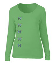 Women T-shirt -  organic cotton - long sleeved - round neck - green - groen - printdesign - drawing - JanaRoos - butterflies - vlinders
