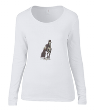 Women T-shirt -  organic cotton - long sleeved - round neck - white - wit - printdesign - drawing - JanaRoos - horse - black merrie - paard