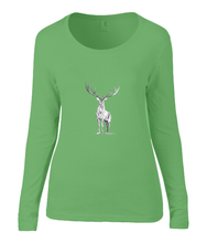 Women T-shirt -  organic cotton - long sleeved - round neck - apple green - appel groen - printdesign - drawing - JanaRoos - reindeer - deer - rendier - hert