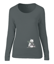 Women T-shirt -  organic cotton - long sleeved - round neck - black - zwart - printdesign - drawing - JanaRoos -Panda bear - beer