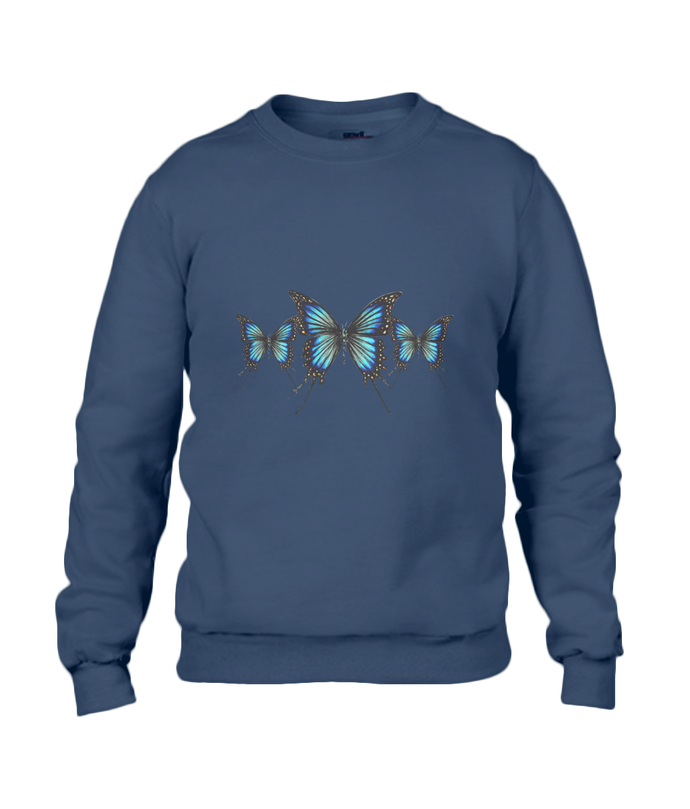 JanaRoos - T-shirts and Sweaters - Unisex Sweater - Packshot - Hand drawn illustration - Round neck - Long sleeves - Cotton - navy blue - marine blauw - blue butterflies - vlinders
