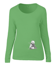 Women T-shirt -  organic cotton - long sleeved - round neck - green - groen - printdesign - drawing - JanaRoos -Panda bear - beer