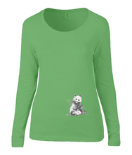 Women T-shirt -  organic cotton - long sleeved - round neck - green - groen - printdesign - drawing - JanaRoos -Panda bear - beer