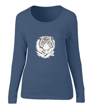 Women T-shirt -  organic cotton - long sleeved - round neck - navy blue - marine blauw - printdesign - drawing - JanaRoos - White Tiger -Witte tijger
