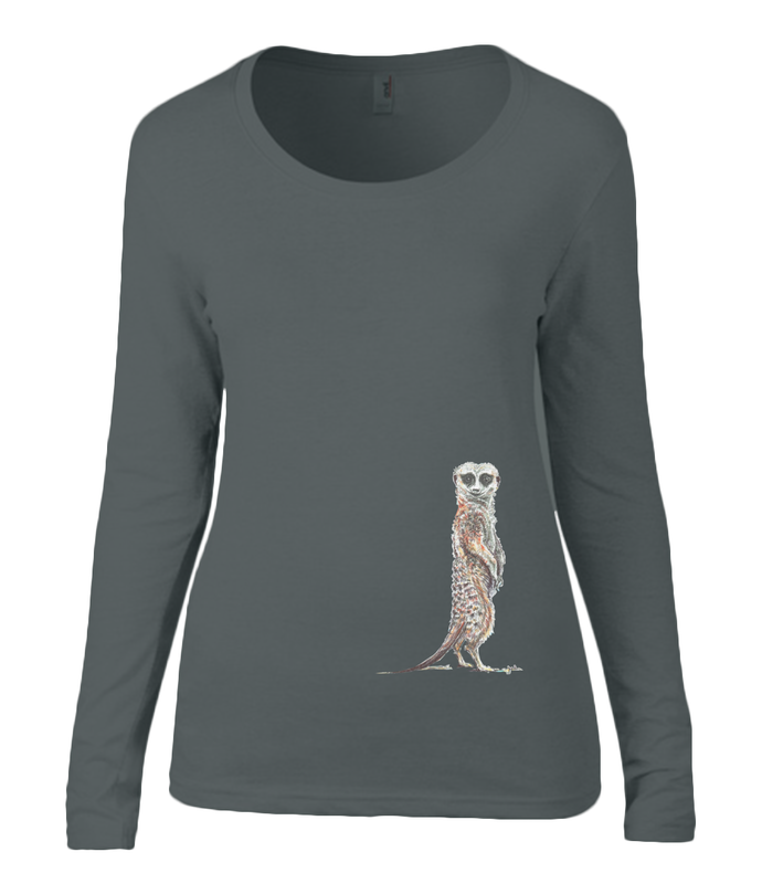 Women T-shirt -  organic cotton - long sleeved - round neck - black - zwart - printdesign - drawing - JanaRoos - meerkat - stokstaartje