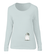 Women T-shirt -  organic cotton - long sleeved - round neck - silver grey - zilver grijs - printdesign - drawing - JanaRoos - penguin - pinguïn