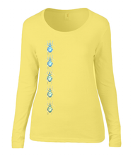 Women T-shirt -  organic cotton - long sleeved - round neck - yellow - geel - printdesign - drawing - JanaRoos - beetles - kevers
