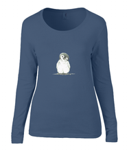 Women T-shirt -  organic cotton - long sleeved - round neck - navy blue - marine blauw - printdesign - drawing - JanaRoos - penguin - pinguïn