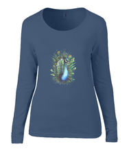 Women T-shirt -  organic cotton - long sleeved - round neck - navy blue - marine blauw - printdesign - drawing - JanaRoos - Peacock - Pauw