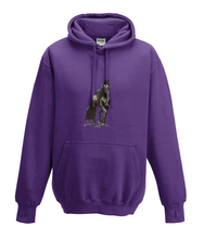 JanaRoos - Hoodies - Kids Hoodie - Packshot - Hand drawn illustration - Round neck - Long sleeves - Cotton - purple - paars- horse - black merrie - paard