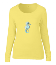 Women T-shirt -  organic cotton - long sleeved - round neck - printdesign - drawing - JanaRoos - yellow - geel - sea-horse - zeepaardje 