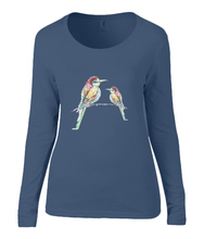 Women T-shirt -  organic cotton - long sleeved - round neck - navy blue - marine blauw - printdesign - drawing - JanaRoos -Navy Blue - marine blauw - colorful birds - kingfishers - ijsvogels - vogels