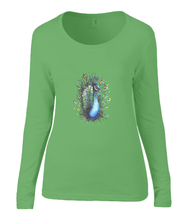 Women T-shirt -  organic cotton - long sleeved - round neck - green - groen - printdesign - drawing - JanaRoos - Peacock - Pauw