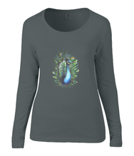 Women T-shirt -  organic cotton - long sleeved - round neck - black - zwart - printdesign - drawing - JanaRoos - Peacock - Pauw