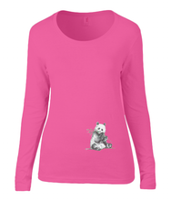Women T-shirt -  organic cotton - long sleeved - round neck - coral pink - roos - printdesign - drawing - JanaRoos -Panda bear - beer