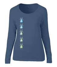 Women T-shirt -  organic cotton - long sleeved - round neck - navy blue - marine blauw - printdesign - drawing - JanaRoos - beetles - kevers