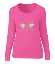 Women T-shirt -  organic cotton - long sleeved - round neck - coral pink - roos - printdesign - drawing - JanaRoos - wren - winterkoninkje