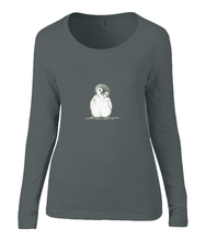 Women T-shirt -  organic cotton - long sleeved - round neck - black - zwart - printdesign - drawing - JanaRoos - penguin - pinguïn