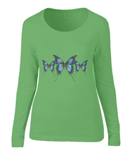 Women T-shirt -  organic cotton - long sleeved - round neck - green - groen - printdesign - drawing - JanaRoos - butterflies - vlinders