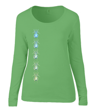 Women T-shirt -  organic cotton - long sleeved - round neck - apple green - appel groen - printdesign - drawing - JanaRoos - beetles - kevers