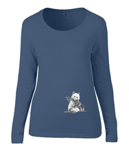 Women T-shirt -  organic cotton - long sleeved - round neck - marine blauw - navy blue - printdesign - drawing - JanaRoos -Panda bear - beer