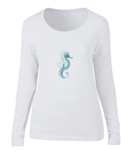 Women T-shirt -  organic cotton - long sleeved - round neck - printdesign - drawing - JanaRoos - white - wit - sea-horse - zeepaardje 