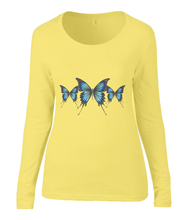Women T-shirt -  organic cotton - long sleeved - round neck - yellow - geel - printdesign - drawing - JanaRoos - butterflies - vlinders