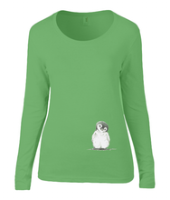 Women T-shirt -  organic cotton - long sleeved - round neck - apple green - appel groen - printdesign - drawing - JanaRoos - penguin - pinguïn