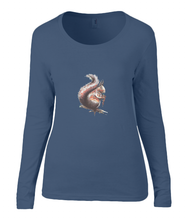 Women T-shirt -  organic cotton - long sleeved - round neck - navy blue - marine blauw - printdesign - drawing - JanaRoos - squirrel
