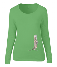 Women T-shirt -  organic cotton - long sleeved - round neck -green - groen - black - zwart - printdesign - drawing - JanaRoos - meerkat - stokstaartje