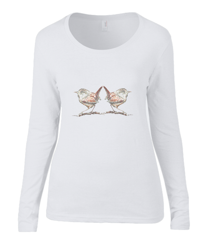Women T-shirt -  organic cotton - long sleeved - round neck - white - wit - printdesign - drawing - JanaRoos - wren - winterkoninkje