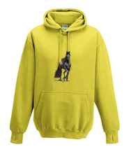 JanaRoos - Hoodies - Kids Hoodie - Packshot - Hand drawn illustration - Round neck - Long sleeves - Cotton - yellow - geel - horse - black merrie - paard