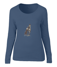 Women T-shirt -  organic cotton - long sleeved - round neck - navy blue - marine blauw -printdesign - drawing - JanaRoos - horse - black merrie - paard