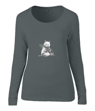 Women T-shirt -  organic cotton - long sleeved - round neck - black - zwart - printdesign - drawing - JanaRoos -Panda bear - beer