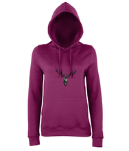 JanaRoos - women's Hoodie - Packshot - Hand drawn illustration - Round neck - Long sleeves - Cotton -Burgundy- Deer black ink