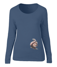 Women T-shirt -  organic cotton - long sleeved - round neck - navy blue - marine blauw - printdesign - drawing - JanaRoos - squirrel