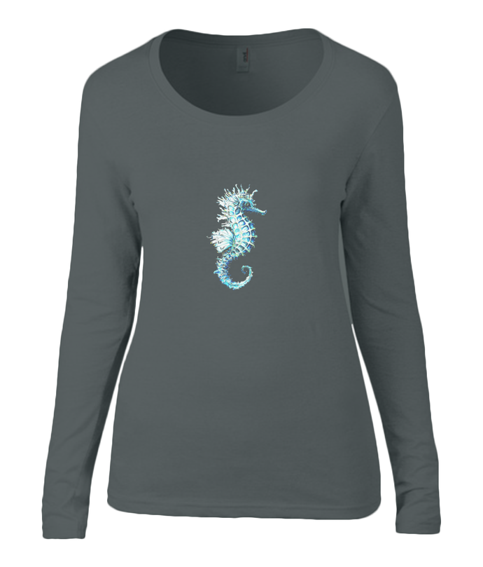 Women T-shirt -  organic cotton - long sleeved - round neck - printdesign - drawing - JanaRoos -black - zwart- sea-horse - zeepaardje 