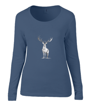 Women T-shirt -  organic cotton - long sleeved - round neck - navy blue - marine blauw - printdesign - drawing - JanaRoos - reindeer - deer - rendier - hert
