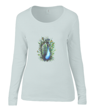 Women T-shirt -  organic cotton - long sleeved - round neck - silver grey - zilver grijs - printdesign - drawing - JanaRoos - Peacock - Pauw